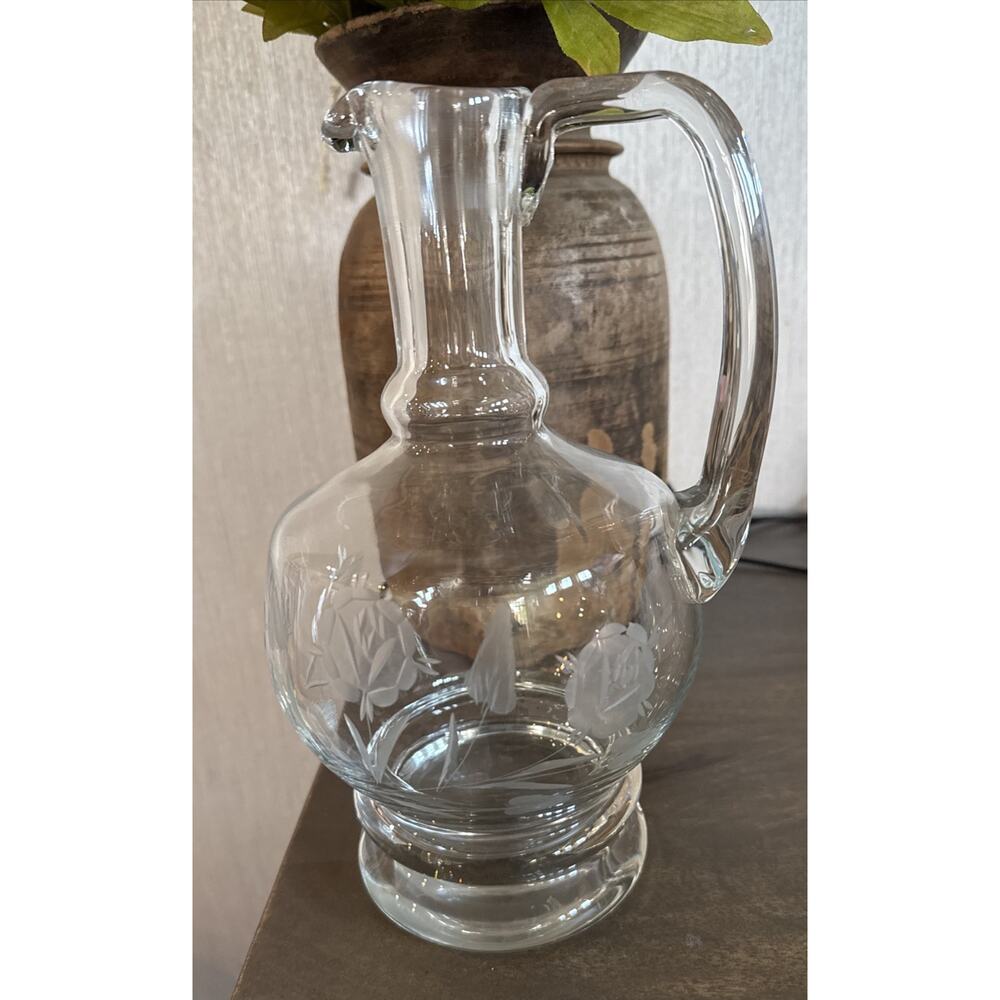 Vintage Etched Glass Wine Decanter Pitcher Footed Floral Applied Handle - Picture 4 of 5